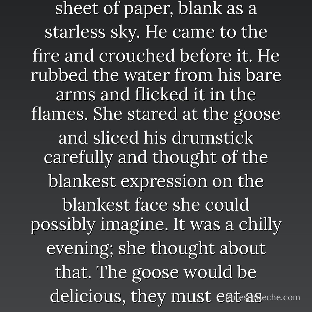 She glanced up at him, and in that moment he pulled his wet shirt over his head. She forced her mind blank. Blank as a new sheet of paper, blank as a starless sky. He came to the fire and crouched before it. He rubbed the water from his bare arms and flicked it in the flames. She stared at the goose and sliced his drumstick carefully and thought of the blankest expression on the blankest face she could possibly imagine. It was a chilly evening; she thought about that. The goose would be delicious, they must eat as much of it as possible, they must not waste it; she thought about that. - Kristin Cashore
