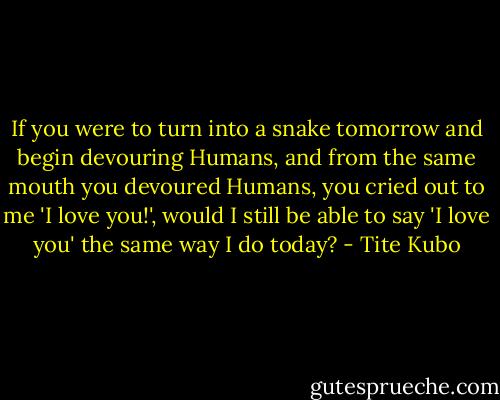 If you were to turn into a snake tomorrow and begin devouring Humans, and from the same mouth you devoured Humans, you cried out to me 'I love you!', would I still be able to say 'I love you' the same way I do today? - Tite Kubo