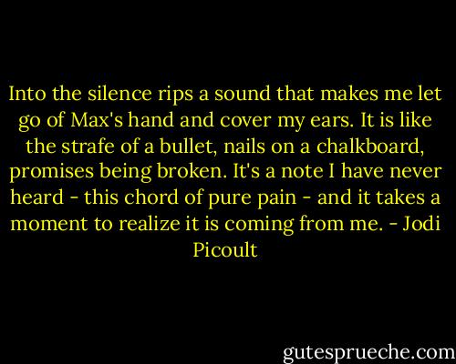 Into the silence rips a sound that makes me let go of Max's hand and cover my ears. It is like the strafe of a bullet, nails on a chalkboard, promises being broken. It's a note I have never heard - this chord of pure pain - and it takes a moment to realize it is coming from me. - Jodi Picoult