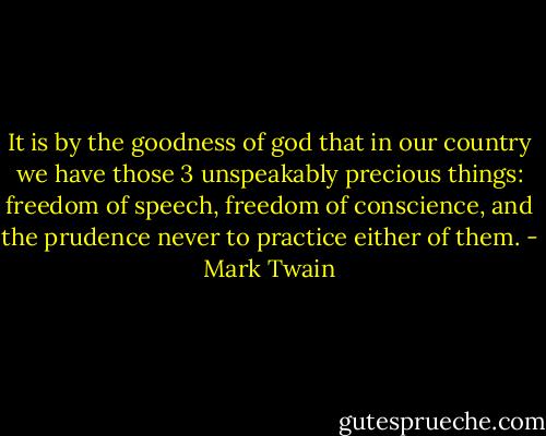 It is by the goodness of god that in our country we have those 3 unspeakably precious things: freedom of speech, freedom of conscience, and the prudence never to practice either of them. - Mark Twain