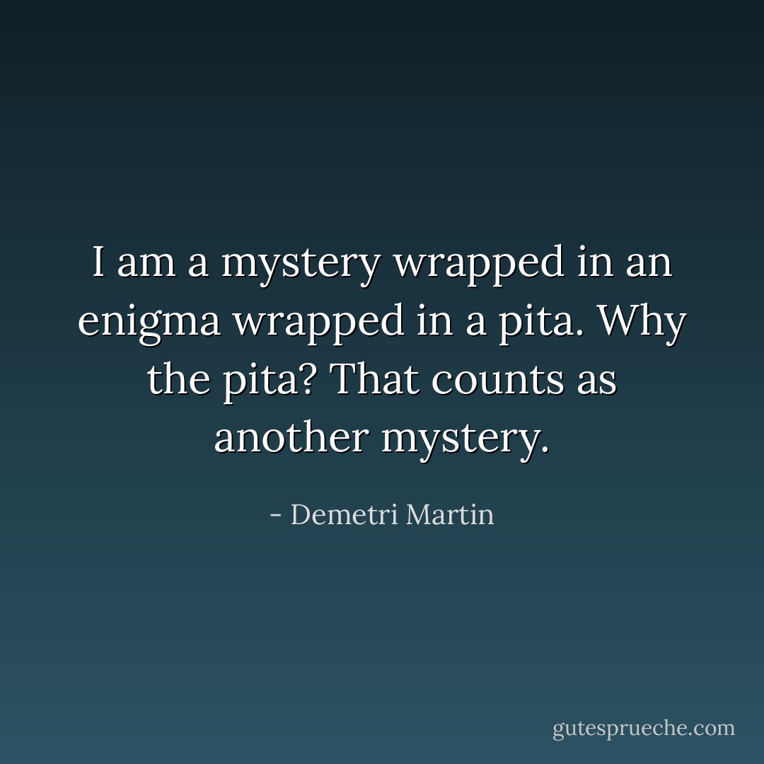 I am a mystery wrapped in an enigma wrapped in a pita. Why the pita? That counts as another mystery. - Demetri Martin