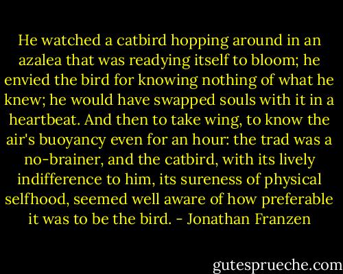 He watched a catbird hopping around in an azalea that was readying itself to bloom; he envied the bird for knowing nothing of what he knew; he would have swapped souls with it in a heartbeat. And then to take wing, to know the air's buoyancy even for an hour: the trad was a no-brainer, and the catbird, with its lively indifference to him, its sureness of physical selfhood, seemed well aware of how preferable it was to be the bird. - Jonathan Franzen