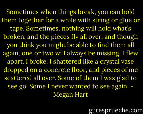 Sometimes when things break, you can hold them together for<br />a while with string or glue or tape. Sometimes, nothing will hold<br />what’s broken, and the pieces fly all over, and though you think you<br />might be able to find them all again, one or two will always be<br />missing.<br />I flew apart. I broke. I shattered like a crystal vase dropped on a<br />concrete floor, and pieces of me scattered all over. Some of them I<br />was glad to see go. Some I never wanted to see again. - Megan Hart