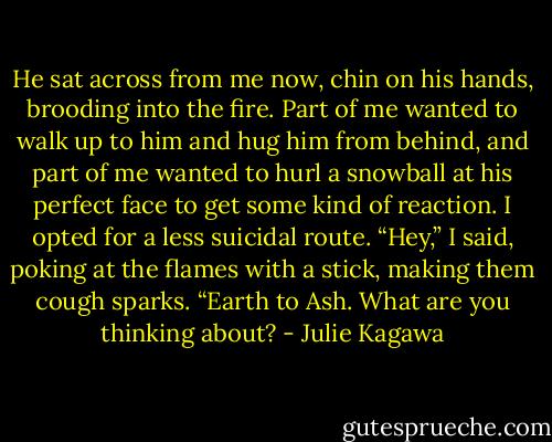 He sat across from me now, chin on his hands, brooding into the fire. Part of me wanted to walk up to him and hug him from behind, and part of me wanted to hurl a snowball at his perfect face to get some kind of reaction.<br />I opted for a less suicidal route. “Hey,” I said, poking at the flames with a stick, making them cough sparks. “Earth to Ash. What are you thinking about? - Julie Kagawa