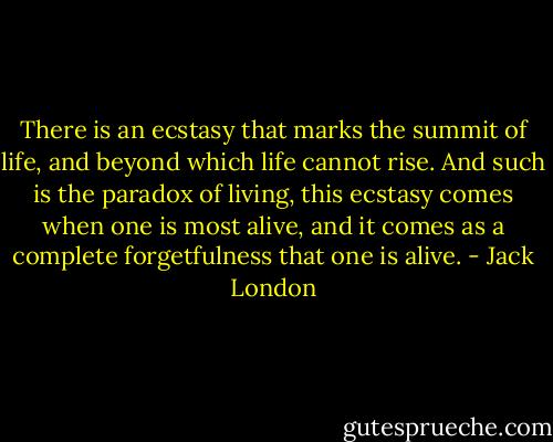 There is an ecstasy that marks the summit of life, and beyond which life cannot rise. And such is the paradox of living, this ecstasy comes when one is most alive, and it comes as a complete forgetfulness that one is alive. - Jack London