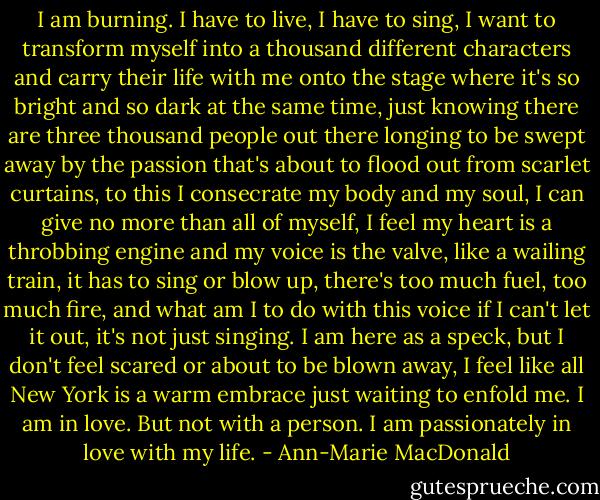 I am burning. I have to live, I have to sing, I want to transform myself into a thousand different characters and carry their life with me onto the stage where it's so bright and so dark at the same time, just knowing there are three thousand people out there longing to be swept away by the passion that's about to flood out from scarlet curtains, to this I consecrate my body and my soul, I can give no more than all of myself, I feel my heart is a throbbing engine and my voice is the valve, like a wailing train, it has to sing or blow up, there's too much fuel, too much fire, and what am I to do with this voice if I can't let it out, it's not just singing. I am here as a speck, but I don't feel scared or about to be blown away, I feel like all New York is a warm embrace just waiting to enfold me. I am in love. But not with a person. I am passionately in love with my life. - Ann-Marie MacDonald