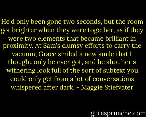 He'd only been gone two seconds, but the room got brighter when they were together, as if they were two elements that became brilliant in proximity. At Sam's clumsy efforts to carry the vacuum, Grace smiled a new smile that I thought only he ever got, and he shot her a withering look full of the sort of subtext you could only get from a lot of conversations whispered after dark. - Maggie Stiefvater