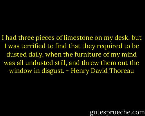 I had three pieces of limestone on my desk, but I was terrified to find that they required to be dusted daily, when the furniture of my mind was all undusted still, and threw them out the window in disgust. - Henry David Thoreau
