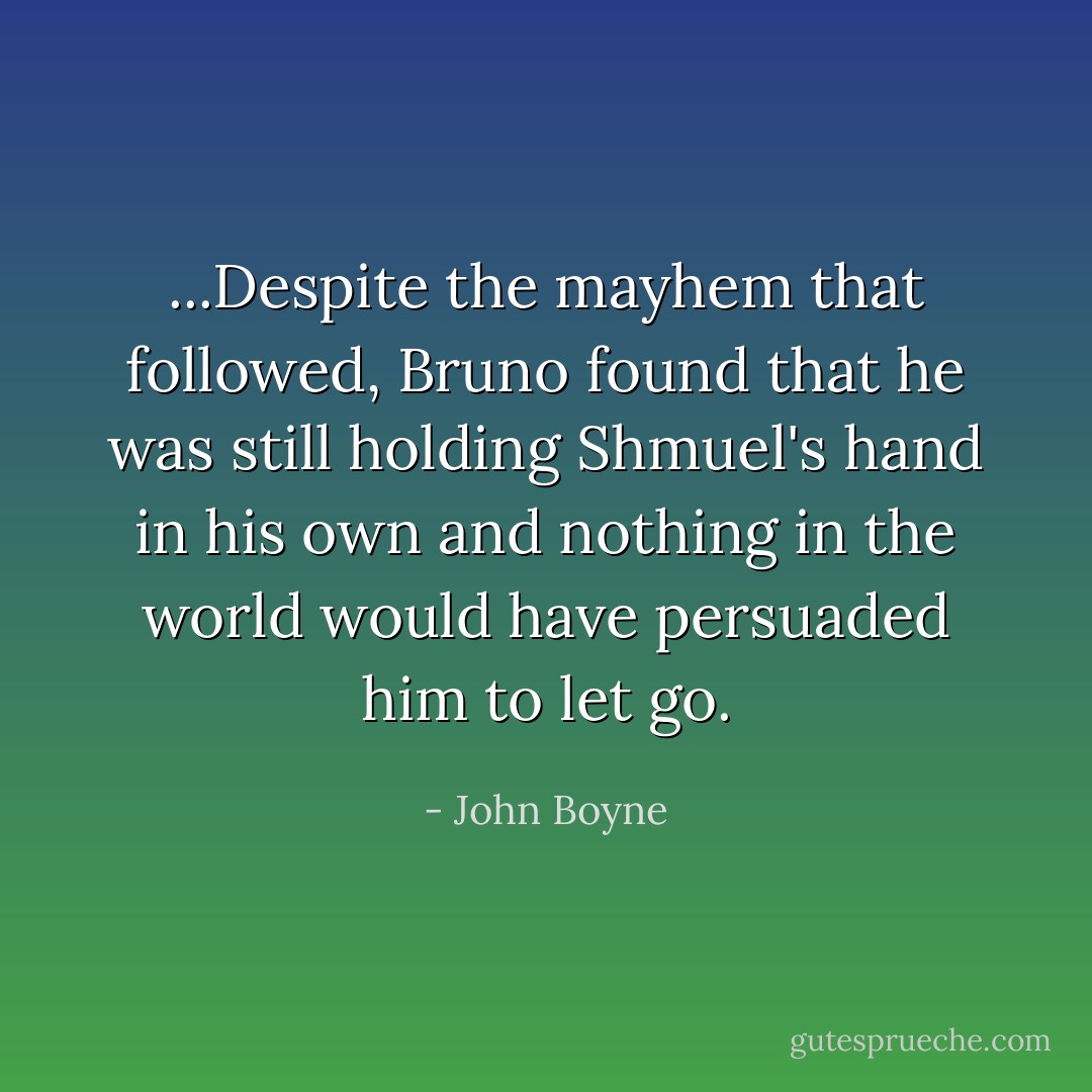 ...Despite the mayhem that followed, Bruno found that he was still holding Shmuel's hand in his own and nothing in the world would have persuaded him to let go. - John Boyne