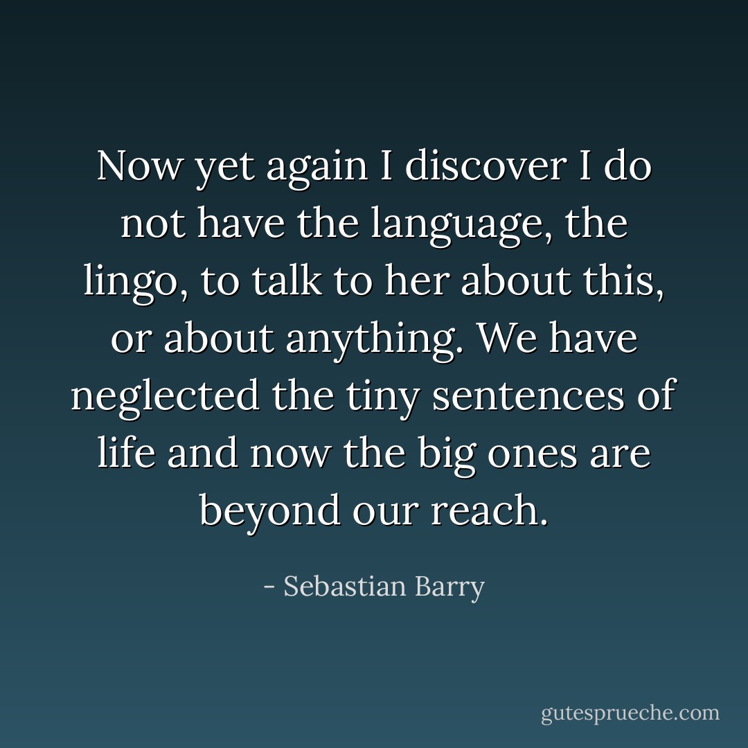 Now yet again I discover I do not have the language, the lingo, to talk to her about this, or about anything. We have neglected the tiny sentences of life and now the big ones are beyond our reach. - Sebastian Barry