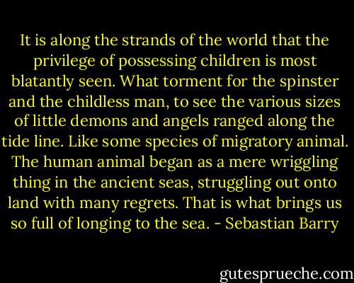 It is along the strands of the world that the privilege of possessing children is most blatantly seen. What torment for the spinster and the childless man, to see the various sizes of little demons and angels ranged along the tide line. Like some species of migratory animal. The human animal began as a mere wriggling thing in the ancient seas, struggling out onto land with many regrets. That is what brings us so full of longing to the sea. - Sebastian Barry