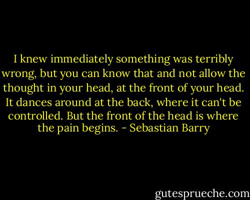 I knew immediately something was terribly wrong, but you can know that and not allow the thought in your head, at the front of your head. It dances around at the back, where it can't be controlled. But the front of the head is where the pain begins. - Sebastian Barry