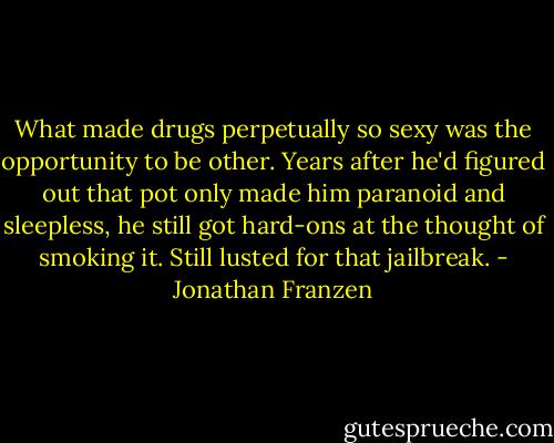 What made drugs perpetually so sexy was the opportunity to be other. Years after he'd figured out that pot only made him paranoid and sleepless, he still got hard-ons at the thought of smoking it. Still lusted for that jailbreak. - Jonathan Franzen