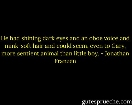 He had shining dark eyes and an oboe voice and mink-soft hair and could seem, even to Gary, more sentient animal than little boy. - Jonathan Franzen