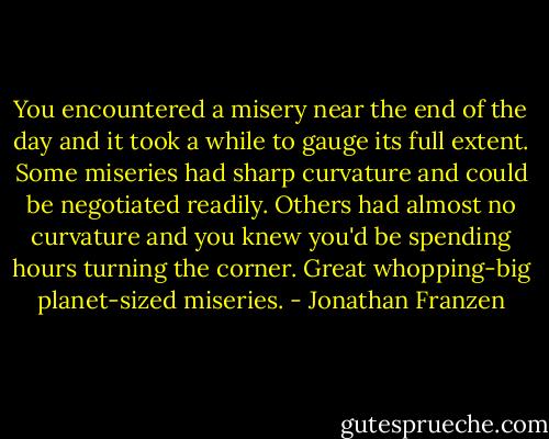 You encountered a misery near the end of the day and it took a while to gauge its full extent. Some miseries had sharp curvature and could be negotiated readily. Others had almost no curvature and you knew you'd be spending hours turning the corner. Great whopping-big planet-sized miseries. - Jonathan Franzen
