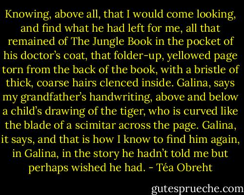 Knowing, above all, that I would come looking, and find what he had left for me, all that remained of The Jungle Book in the pocket of his doctor’s coat, that folder-up, yellowed page torn from the back of the book, with a bristle of thick, coarse hairs clenced inside. Galina, says my grandfather’s handwriting, above and below a child’s drawing of the tiger, who is curved like the blade of a scimitar across the page. Galina, it says, and that is how I know to find him again, in Galina, in the story he hadn’t told me but perhaps wished he had. - Téa Obreht