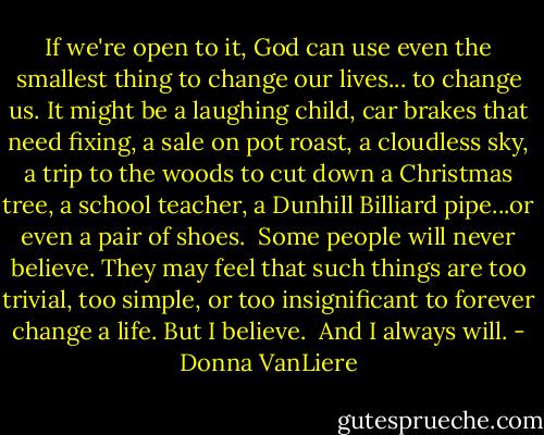If we're open to it, God can use even the smallest thing to change our lives... to change us. It might be a laughing child, car brakes that need fixing, a sale on pot roast, a cloudless sky, a trip to the woods to cut down a Christmas tree, a school teacher, a Dunhill Billiard pipe...or even a pair of shoes. <br />Some people will never believe. They may feel that such things are too trivial, too simple, or too insignificant to forever change a life. But I believe. <br />And I always will. - Donna VanLiere