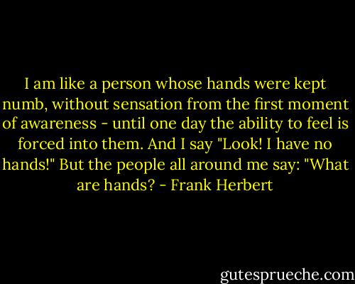 I am like a person whose hands were kept numb, without sensation from the first moment of awareness - until one day the ability to feel is forced into them. And I say "Look! I have no hands!" But the people all around me say: "What are hands? - Frank Herbert