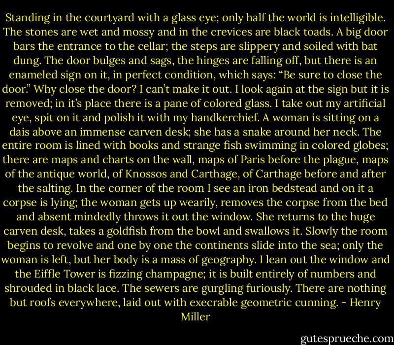Standing in the courtyard with a glass eye; only half the world is intelligible. The stones are wet and mossy and in the crevices are black toads. A big door bars the entrance to the cellar; the steps are slippery and soiled with bat dung. The door bulges and sags, the hinges are falling off, but there is an enameled sign on it, in perfect condition, which says: “Be sure to close the door.” Why close the door? I can’t make it out. I look again at the sign but it is removed; in it’s place there is a pane of colored glass. I take out my artificial eye, spit on it and polish it with my handkerchief. A woman is sitting on a dais above an immense carven desk; she has a snake around her neck. The entire room is lined with books and strange fish swimming in colored globes; there are maps and charts on the wall, maps of Paris before the plague, maps of the antique world, of Knossos and Carthage, of Carthage before and after the salting. In the corner of the room I see an iron bedstead and on it a corpse is lying; the woman gets up wearily, removes the corpse from the bed and absent mindedly throws it out the window. She returns to the huge carven desk, takes a goldfish from the bowl and swallows it. Slowly the room begins to revolve and one by one the continents slide into the sea; only the woman is left, but her body is a mass of geography. I lean out the window and the Eiffle Tower is fizzing champagne; it is built entirely of numbers and shrouded in black lace. The sewers are gurgling furiously. There are nothing but roofs everywhere, laid out with execrable geometric cunning. - Henry Miller
