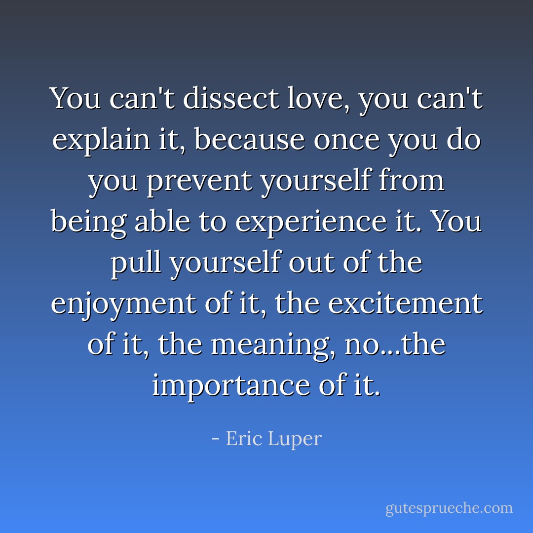 You can't dissect love, you can't explain it, because once you do you prevent yourself from being able to experience it. You pull yourself out of the enjoyment of it, the excitement of it, the meaning, no...the importance of it. - Eric Luper