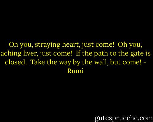 Oh you, straying heart, just come! <br />Oh you, aching liver, just come! <br />If the path to the gate is closed, <br />Take the way by the wall, but come! - Rumi