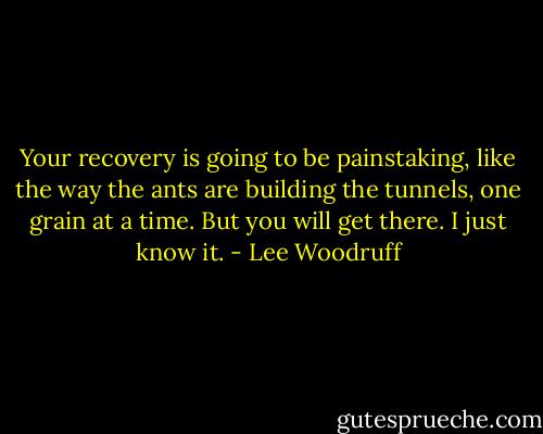 Your recovery is going to be painstaking, like the way the ants are building the tunnels, one grain at a time. But you will get there. I just know it. - Lee Woodruff