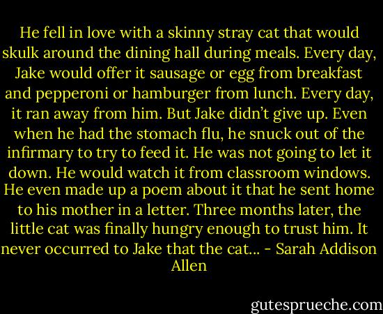 He fell in love with a skinny stray cat that would skulk around the dining hall during meals. Every day, Jake would offer it sausage or egg from breakfast and pepperoni or hamburger from lunch. Every day, it ran away from him. But Jake didn’t give up. Even when he had the stomach flu, he snuck out of the infirmary to try to feed it. He was not going to let it down. He would watch it from classroom windows. He even made up a poem about it that he sent home to his mother in a letter. Three months later, the little cat was finally hungry enough to trust him. It never occurred to Jake that the cat... - Sarah Addison Allen