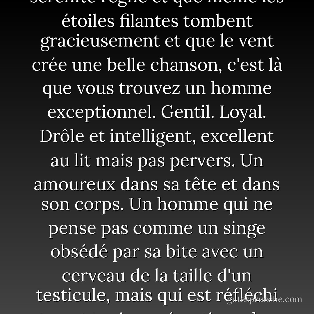 Stevie : "Si tu penses que c'est un débauché et que tous les hommes sont dégoûtants, pourquoi veux-tu que je sorte avec lui ?"<br />Zena : "Parce que, Stevie. De temps en temps, quand la lune est pleine et bleutée, quand la galaxie est calme et paisible et que la sérénité règne et que même les étoiles filantes tombent gracieusement et que le vent crée une belle chanson, c'est là que vous trouvez un homme exceptionnel. Gentil. Loyal. Drôle et intelligent, excellent au lit mais pas pervers. Un amoureux dans sa tête et dans son corps. Un homme qui ne pense pas comme un singe obsédé par sa bite avec un cerveau de la taille d'un testicule, mais qui est réfléchi et peut tenir ses émotions dans une main et vous serrer contre lui de l'autre. Un homme qui est un homme viril et séduisant, mais qui peut vous parler comme à votre meilleure petite amie, parce que c'est ce qu'il veut être pour vous. Votre meilleur ami."<br />(Page 44) - Cathy  Lamb