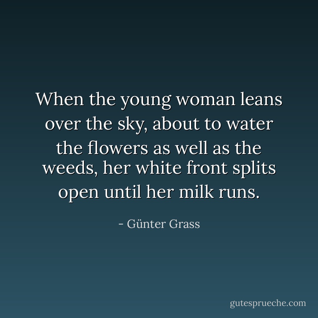 When the young woman<br />leans over the sky,<br />about to water the flowers as well as the weeds,<br />her white front splits open<br />until her milk runs. - Günter Grass
