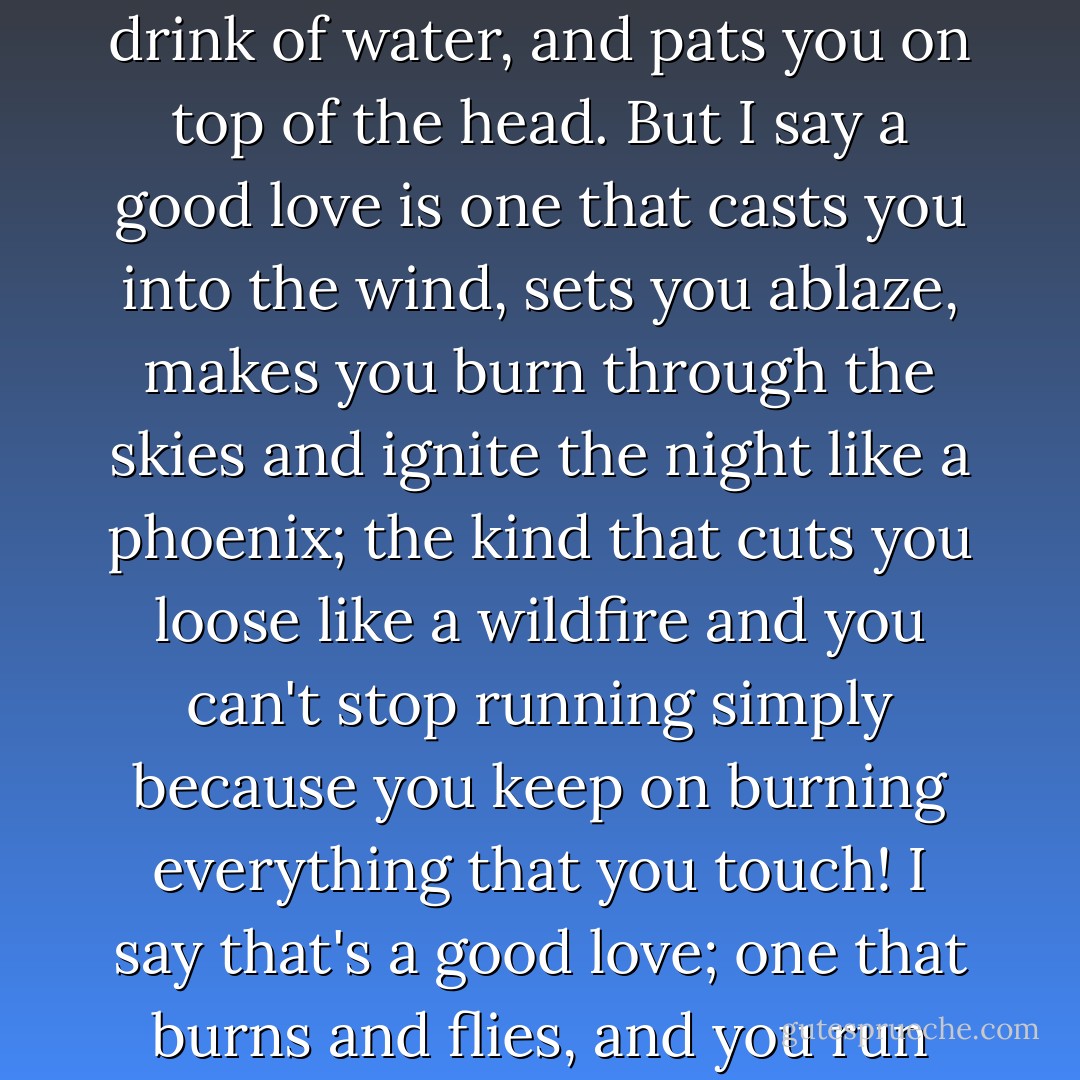 They say a good love is one that sits you down, gives you a drink of water, and pats you on top of the head. But I say a good love is one that casts you into the wind, sets you ablaze, makes you burn through the skies and ignite the night like a phoenix; the kind that cuts you loose like a wildfire and you can't stop running simply because you keep on burning everything that you touch! I say that's a good love; one that burns and flies, and you run with it! - C. JoyBell C.