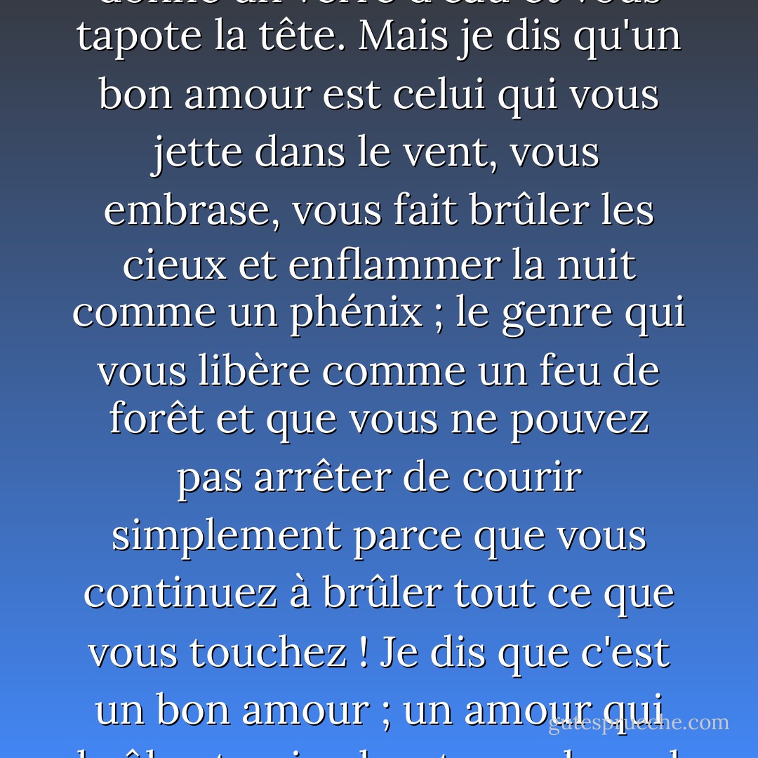 On dit qu'un bon amour est celui qui vous fait asseoir, vous donne un verre d'eau et vous tapote la tête. Mais je dis qu'un bon amour est celui qui vous jette dans le vent, vous embrase, vous fait brûler les cieux et enflammer la nuit comme un phénix ; le genre qui vous libère comme un feu de forêt et que vous ne pouvez pas arrêter de courir simplement parce que vous continuez à brûler tout ce que vous touchez ! Je dis que c'est un bon amour ; un amour qui brûle et qui vole, et avec lequel on court ! - C. JoyBell C.