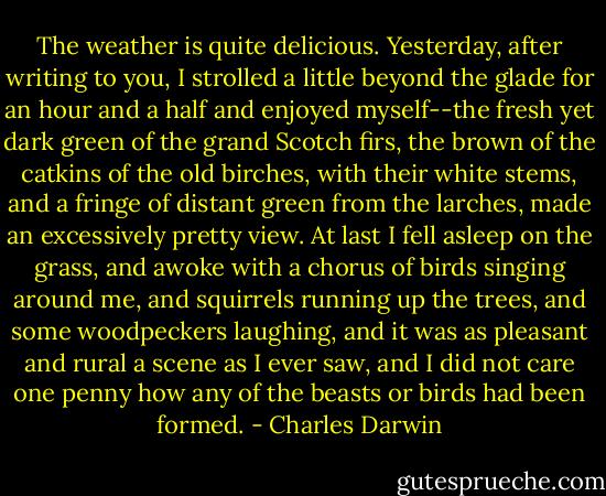 The weather is quite delicious. Yesterday, after writing to you, I strolled a little beyond the glade for an hour and a half and enjoyed myself--the fresh yet dark green of the grand Scotch firs, the brown of the catkins of the old birches, with their white stems, and a fringe of distant green from the larches, made an excessively pretty view. At last I fell asleep on the grass, and awoke with a chorus of birds singing around me, and squirrels running up the trees, and some woodpeckers laughing, and it was as pleasant and rural a scene as I ever saw, and I did not care one penny how any of the beasts or birds had been formed. - Charles Darwin