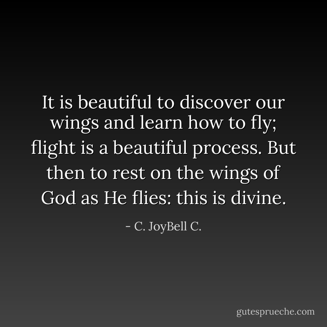 It is beautiful to discover our wings and learn how to fly; flight is a beautiful process. But then to rest on the wings of God as He flies: this is divine. - C. JoyBell C.