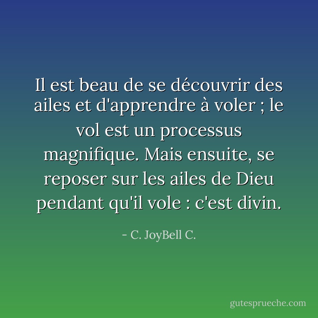 Il est beau de se découvrir des ailes et d'apprendre à voler ; le vol est un processus magnifique. Mais ensuite, se reposer sur les ailes de Dieu pendant qu'il vole : c'est divin. - C. JoyBell C.