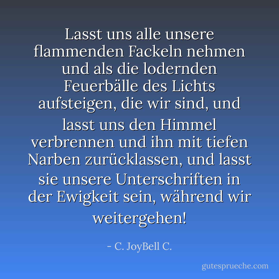 Lasst uns alle unsere flammenden Fackeln nehmen und als die lodernden Feuerbälle des Lichts aufsteigen, die wir sind, und lasst uns den Himmel verbrennen und ihn mit tiefen Narben zurücklassen, und lasst sie unsere Unterschriften in der Ewigkeit sein, während wir weitergehen! - C. JoyBell C.<