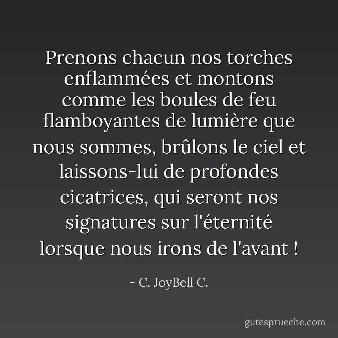 Prenons chacun nos torches enflammées et montons comme les boules de feu flamboyantes de lumière que nous sommes, brûlons le ciel et laissons-lui de profondes cicatrices, qui seront nos signatures sur l'éternité lorsque nous irons de l'avant ! - C. JoyBell C.
