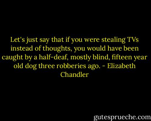 Let's just say that if you were stealing TVs instead of thoughts, you would have been caught by a half-deaf, mostly blind, fifteen year old dog three robberies ago. - Elizabeth Chandler