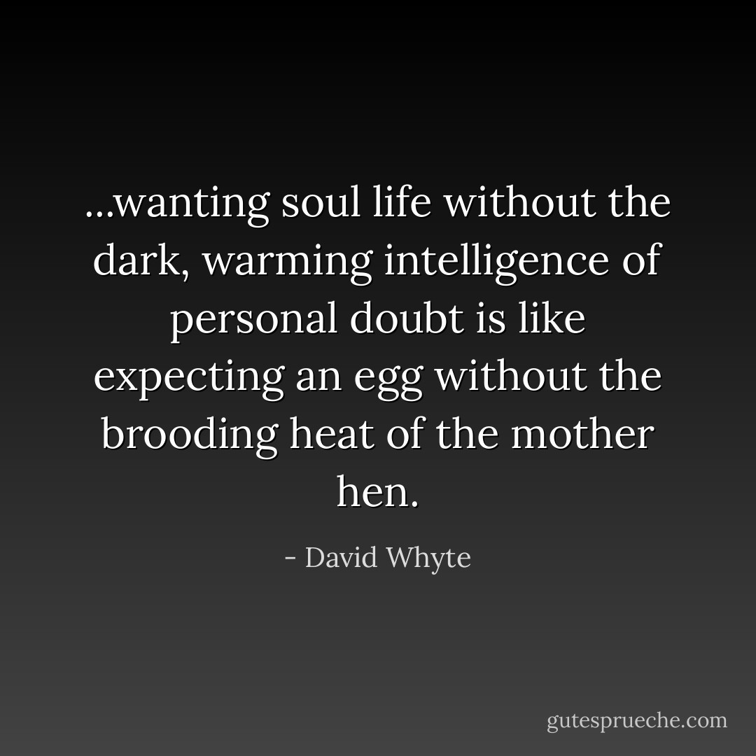 ...wanting soul life without the dark, warming intelligence of personal doubt is like expecting an egg without the brooding heat of the mother hen. - David Whyte