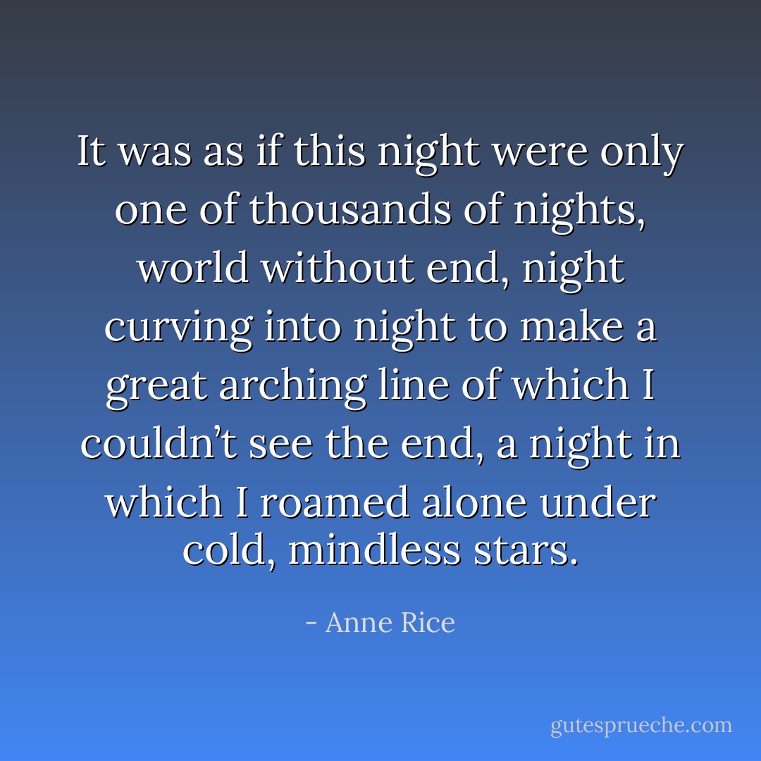 It was as if this night were only one of thousands of nights, world without end, night curving into night to make a great arching line of which I couldn’t see the end, a night in which I roamed alone under cold, mindless stars. - Anne Rice