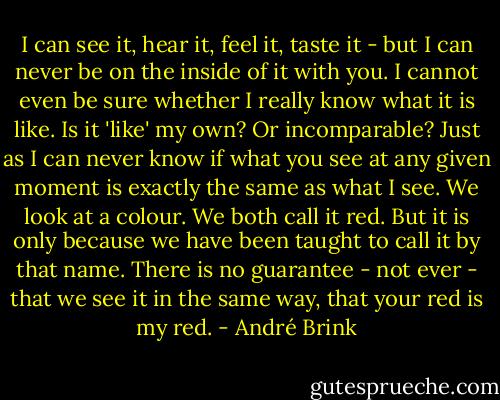 I can see it, hear it, feel it, taste it - but I can never be on the inside of it with you. I cannot even be sure whether I really know what it is like. Is it 'like' my own? Or incomparable? Just as I can never know if what you see at any given moment is exactly the same as what I see. We look at a colour. We both call it red. But it is only because we have been taught to call it by that name. There is no guarantee - not ever - that we see it in the same way, that your red is my red. - André Brink