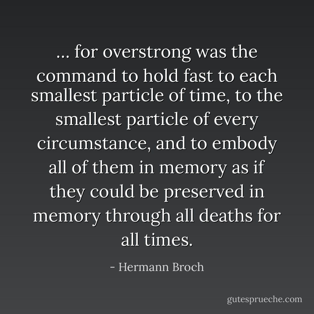 … for overstrong was the command to hold fast to each smallest particle of time, to the smallest particle of every circumstance, and to embody all of them in memory as if they could be preserved in memory through all deaths for all times. - Hermann Broch