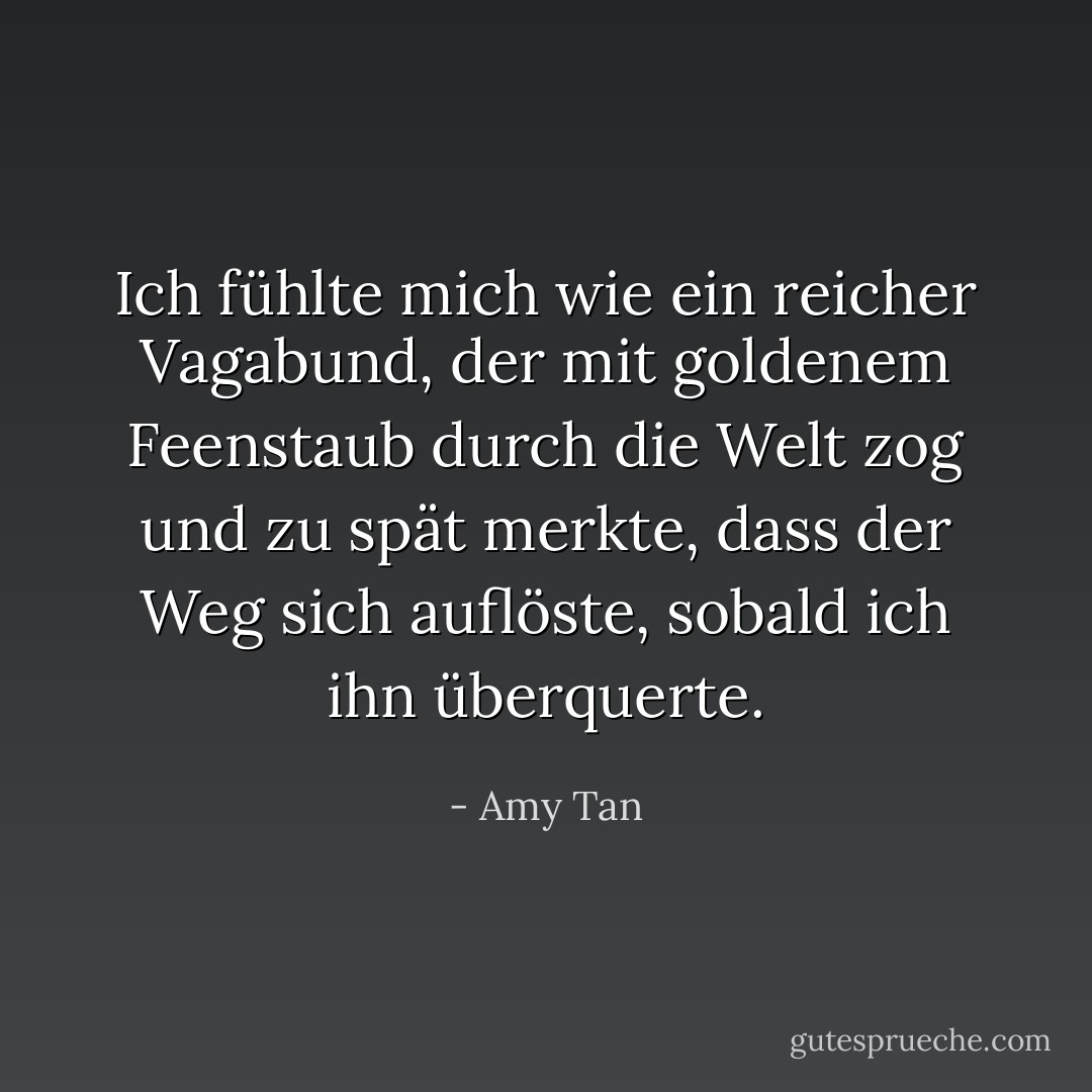 Ich fühlte mich wie ein reicher Vagabund, der mit goldenem Feenstaub durch die Welt zog und zu spät merkte, dass der Weg sich auflöste, sobald ich ihn überquerte. - Amy Tan<