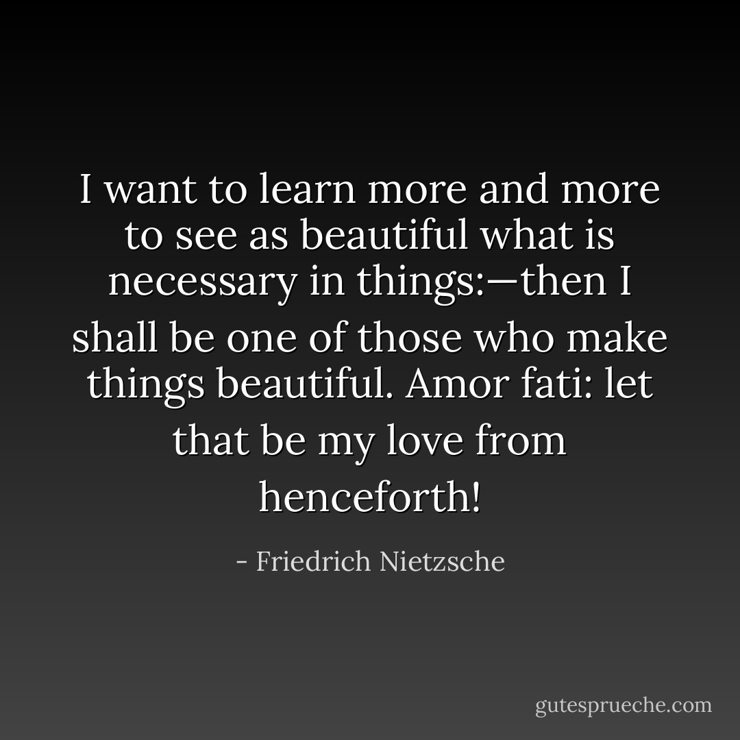 I want to learn more and more to see as beautiful what is necessary in things:—then I shall be one of those who make things beautiful. Amor fati: let that be my love from henceforth! - Friedrich Nietzsche
