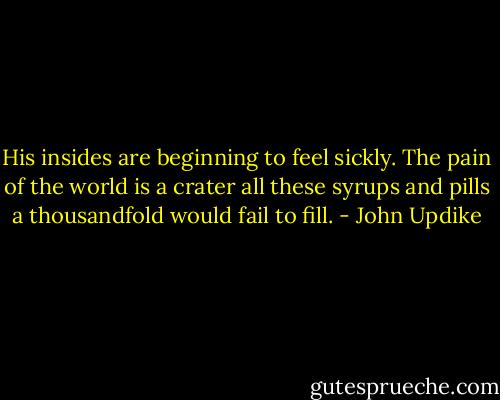 His insides are beginning to feel sickly. The pain of the world is a crater all these syrups and pills a thousandfold would fail to fill. - John Updike