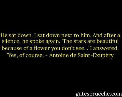 He sat down. I sat down next to him. And after a silence, he spoke again. 'The stars are beautiful because of a flower you don't see...'<br />I answered, 'Yes, of course. - Antoine de Saint-Exupéry