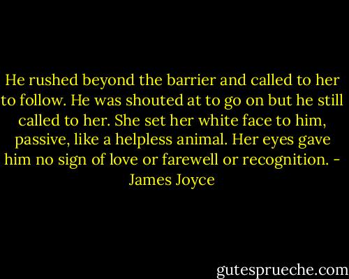 He rushed beyond the barrier and called to her to follow. He was shouted at to go on but he still called to her. She set her white face to him, passive, like a helpless animal. Her eyes gave him no sign of love or farewell or recognition. - James Joyce