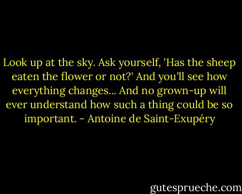 Look up at the sky. Ask yourself, 'Has the sheep eaten the flower or not?' And you'll see how everything changes...<br />And no grown-up will ever understand how such a thing could be so important. - Antoine de Saint-Exupéry