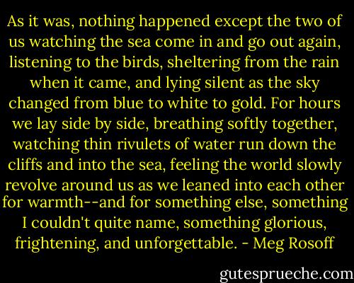 As it was, nothing happened except the two of us watching the sea come in and go out again, listening to the birds, sheltering from the rain when it came, and lying silent as the sky changed from blue to white to gold. For hours we lay side by side, breathing softly together, watching thin rivulets of water run down the cliffs and into the sea, feeling the world slowly revolve around us as we leaned into each other for warmth--and for something else, something I couldn't quite name, something glorious, frightening, and unforgettable. - Meg Rosoff
