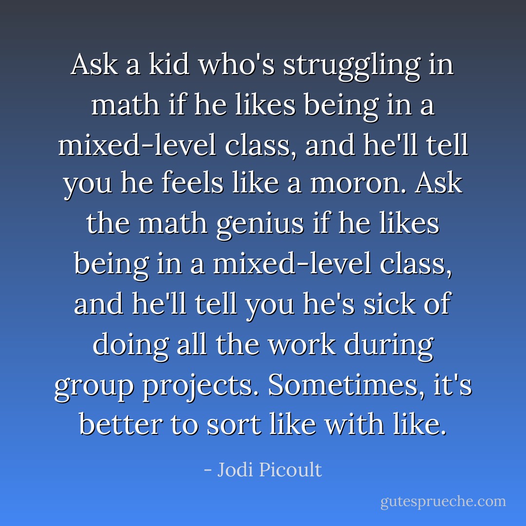 Ask a kid who's struggling in math if he likes being in a mixed-level class, and he'll tell you he feels like a moron. Ask the math genius if he likes being in a mixed-level class, and he'll tell you he's sick of doing all the work during group projects. Sometimes, it's better to sort like with like. - Jodi Picoult