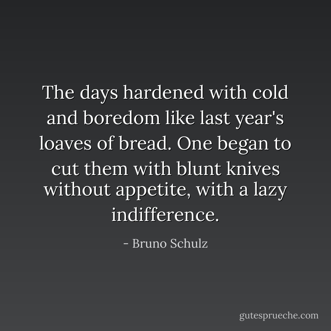 The days hardened with cold and boredom like last year's loaves of bread. One began to cut them with blunt knives without appetite, with a lazy indifference. - Bruno Schulz